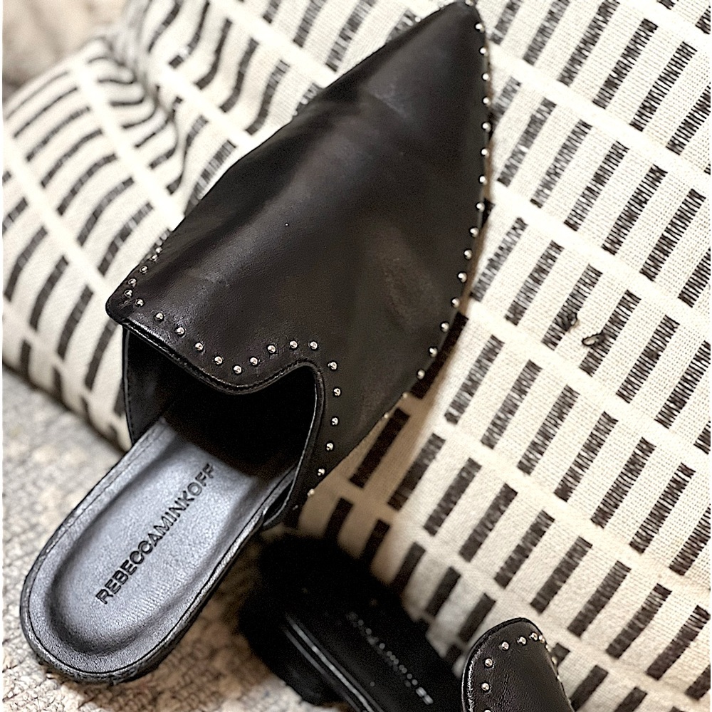 Rebecca Minkoff trendy studded, pointed toe, black slip on loafer slide